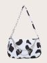 Mini Cow Print Chain Decor Baguette Bag