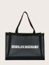 Letter Graphic Mesh Panel Shoulder Tote Bag