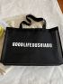 Letter Graphic Mesh Panel Shoulder Tote Bag