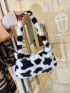 Fuzzy Cow print Baguette Bag