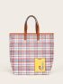 Letter Patch Plaid Pattern Top Handle Bag