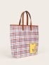 Letter Patch Plaid Pattern Top Handle Bag