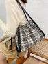 Tweed Plaid Pattern Shoulder Tote Bag