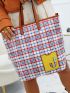 Letter Patch Plaid Pattern Top Handle Bag