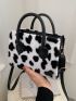 Mini Cow Pattern Fluffy Top Handle Bag