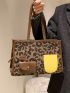 Leopard Pattern Pocket Front Shoulder Tote Bag