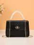 Mini Faux Pearl Beaded Twist Lock Satchel Bag