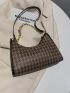 Chain Decor Houndstooth Graphic Baguette Bag