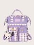 Plaid Pattern Buckle Decor Functional Backpack With Bag Charm