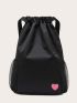 Heart Print Mesh Panel Drawstring Backpack