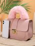 Fluffy Handle Design Turn Lock Square Bag