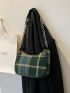 Tartan Pattern Chain Baguette Bag