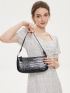 Artificial Patent Leather Crocodile Embossed Baguette Bag