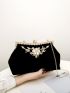 Velvet Rhinestone Decor Clip Top Evening Bag