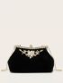 Velvet Rhinestone Decor Clip Top Evening Bag