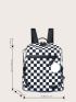 Colorblock Plaid Backpack With Pom Pom Charm