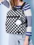 Colorblock Plaid Backpack With Pom Pom Charm