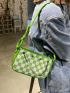 Checkered Print Faux Pearl Decor Baguette Bag