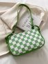 Checkered Print Faux Pearl Decor Baguette Bag