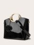 Artificial Patent Leather Top Handle Bag With Bag Charm