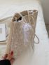 Floral Embroidery Bow Decor Straw Shoulder Tote Bag