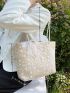 Floral Embroidery Bow Decor Straw Shoulder Tote Bag