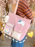 Letter & Cartoon Patch Decor Flap Pocket Shoulder Tote Bag