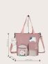 Letter & Cartoon Patch Decor Flap Pocket Shoulder Tote Bag