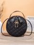 Mini Rhinestone & Metal Swan Decor Quilted Circle Bag