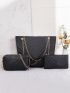 3pcs Quilted Detail Chain Tote Bag Set