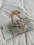 Letter Graphic Studded Decor Flap Square Bag