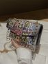 Mini Letter Graphic Studded Decor Flap Square Bag