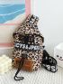 Letter Patched Detail Drawstring Design Leopard Pattern Sling Bag