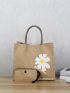 Flower Print Straw Tote Bag With Bag Insert