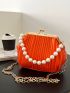 Mini Pleated Faux Pearl Decor Kiss Lock Satchel Bag