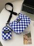 Checkered Pattern Letter Patched Detail Saddle Bag With Small Pouch