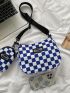 Checkered Pattern Letter Patched Detail Saddle Bag With Small Pouch