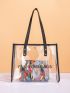 Clear Letter Graphic Contrast Binding Shoulder Tote Bag With Inner Pouch