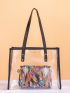 Clear Letter Graphic Contrast Binding Shoulder Tote Bag With Inner Pouch