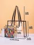 Clear Letter Graphic Contrast Binding Shoulder Tote Bag With Inner Pouch