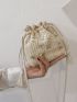 Mini Plant Embroidered Design Drawstring Detail Straw Bag