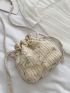 Mini Plant Embroidered Design Drawstring Detail Straw Bag