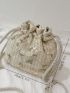 Mini Plant Embroidered Design Drawstring Detail Straw Bag