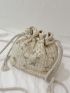 Mini Plant Embroidered Design Drawstring Detail Straw Bag