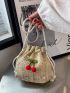 Mini Flower Embroidered Cherry Decor Drawstring Design Straw Bag