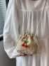 Mini Flower Embroidered Cherry Decor Drawstring Design Straw Bag