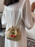 Mini Flower Embroidered Cherry Decor Drawstring Design Straw Bag