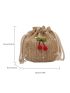 Mini Flower Embroidered Cherry Decor Drawstring Design Straw Bag