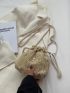 Mini Flower Embroidered Cherry Decor Drawstring Design Straw Bag