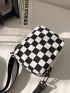 Mini Checkered Print Button Decor Flap Pocket Square Bag